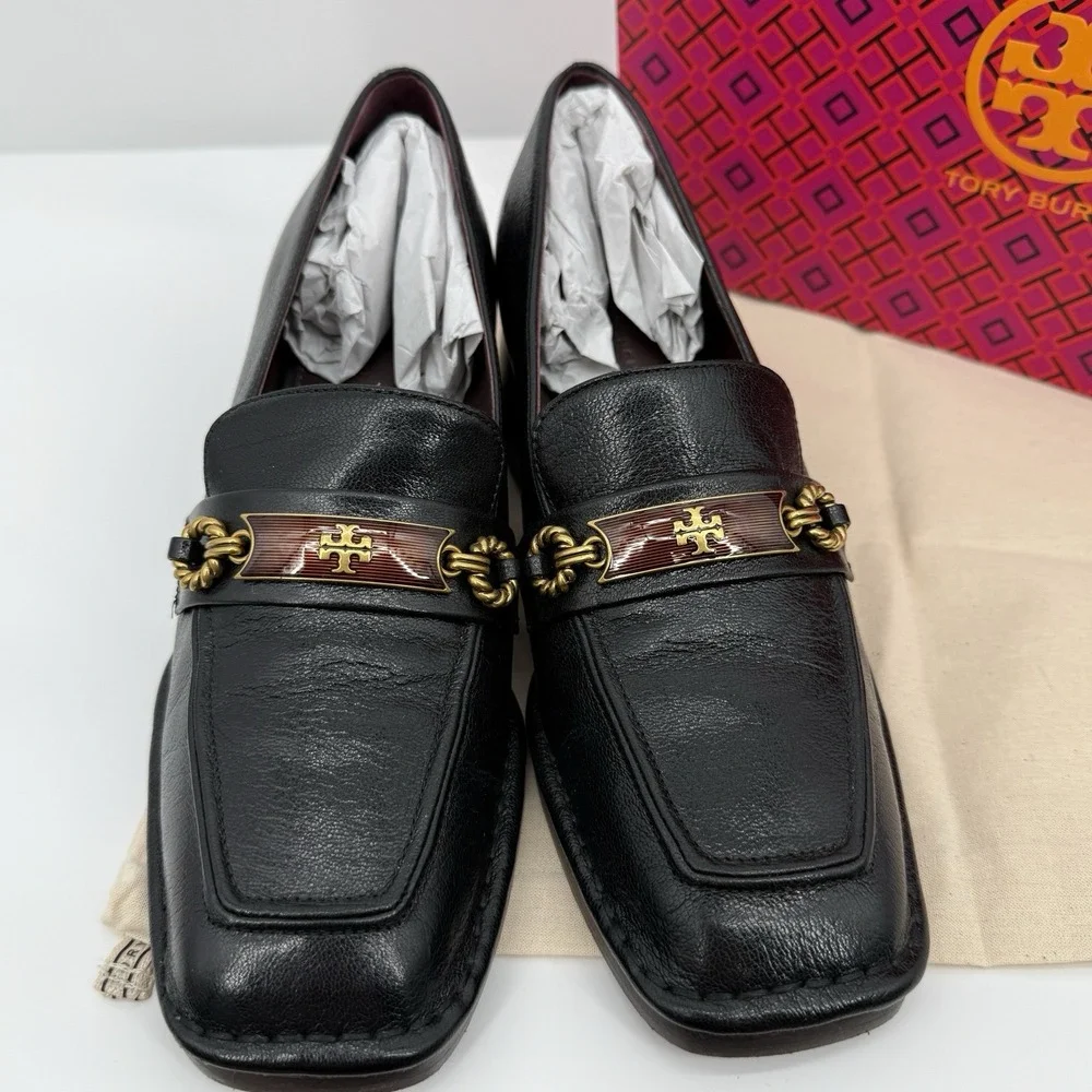 Tory Burch  Perrine Loafer Shoes Size 7.5 Square Toe Block Heel Perfect Black